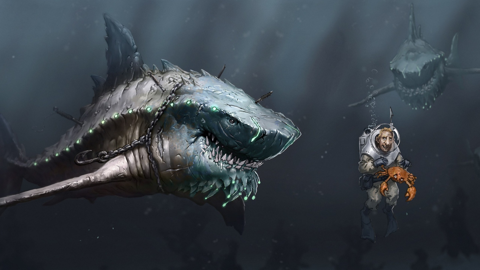 Акула в цепях охотится на дайвера