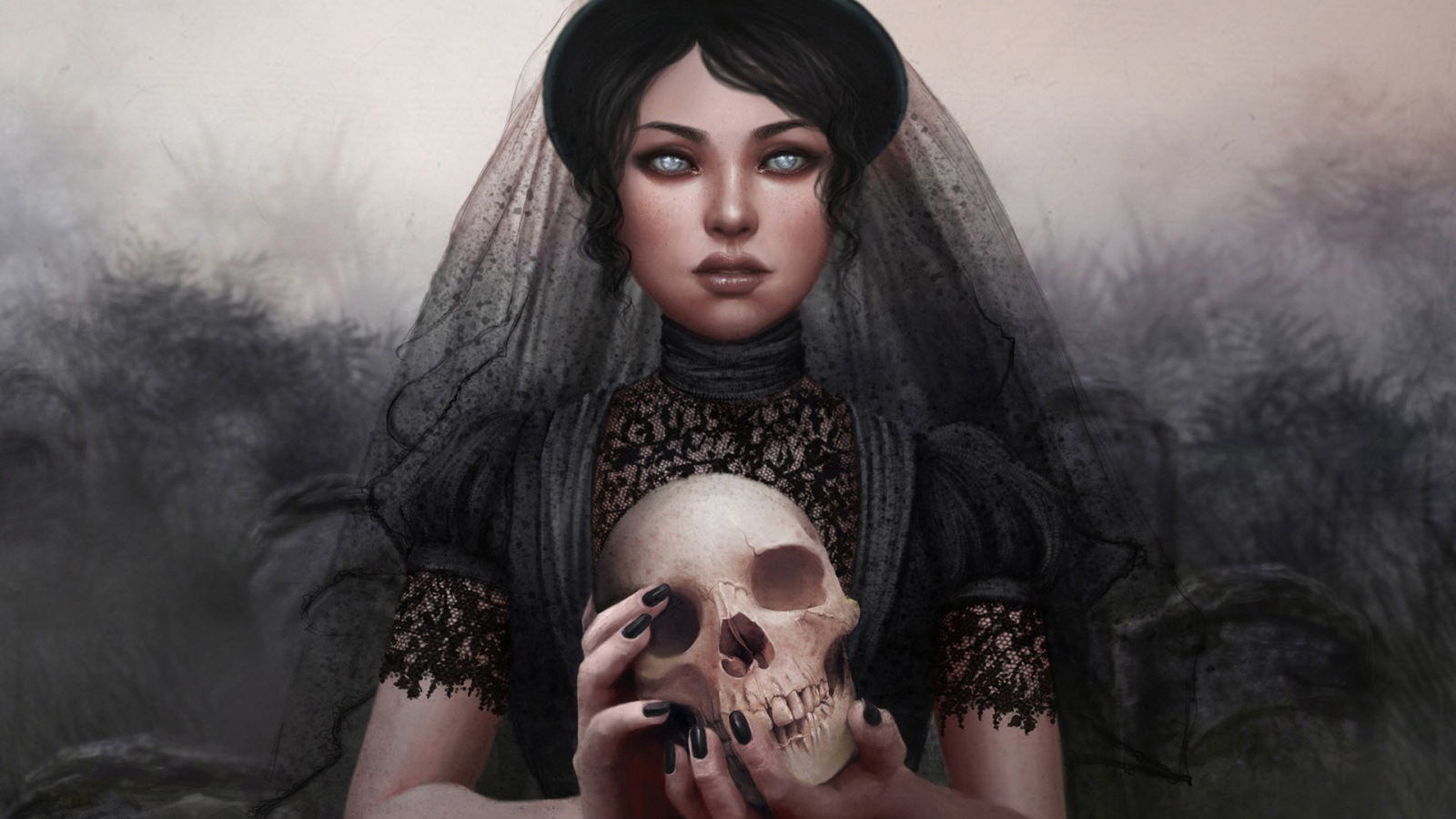 Девушка в трауре с черепом в руках