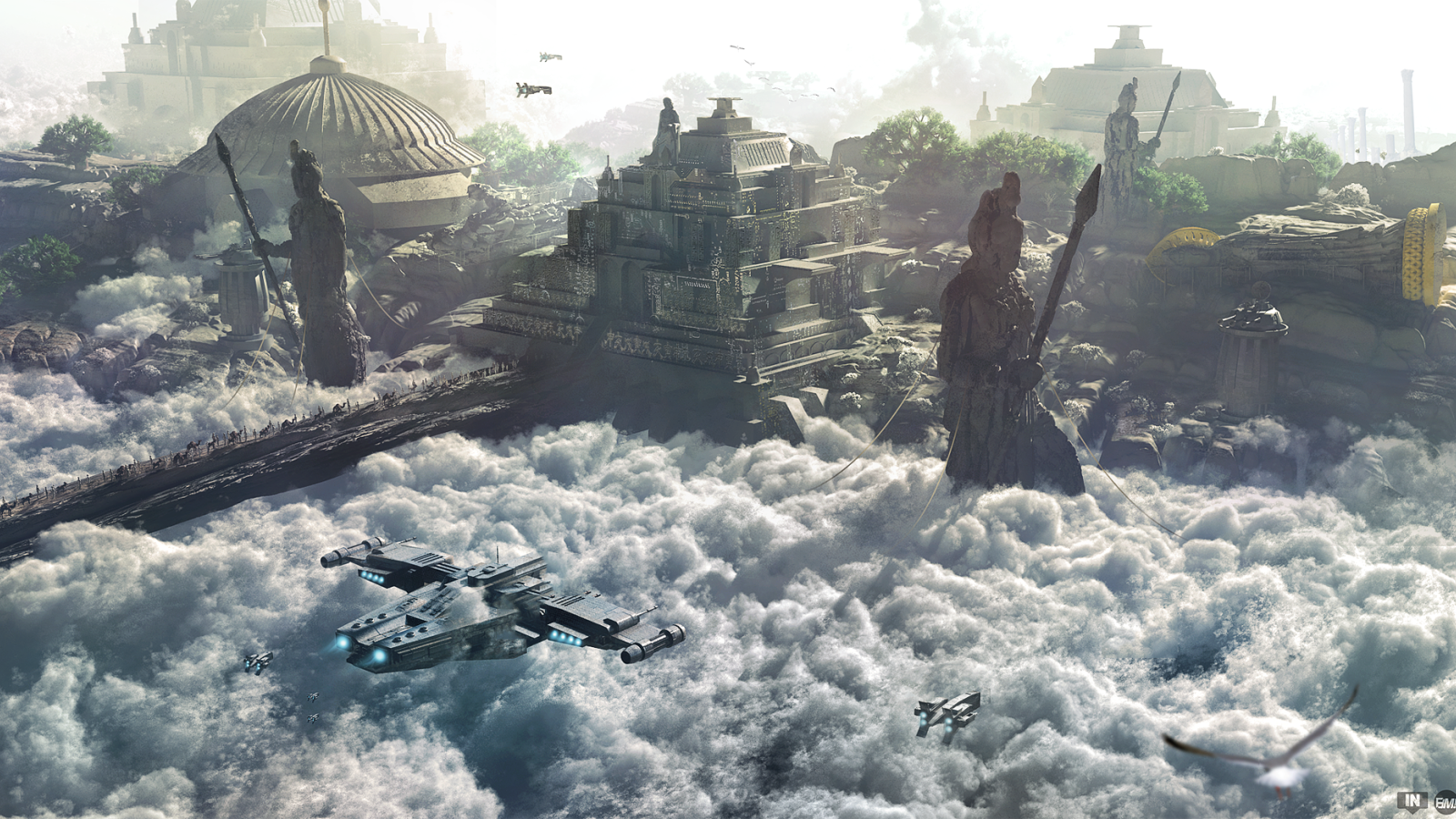 Космический корабль перед храмом развитой цивилизации