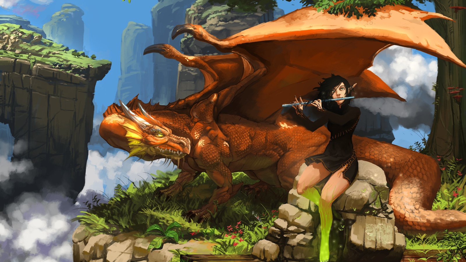 Парень играет на флейте для дракона