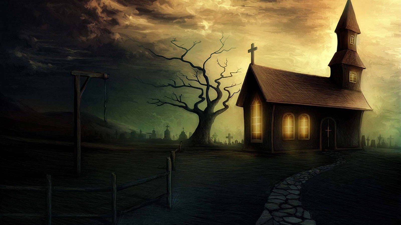 Свет в окнах церквушки и виселица перед ней