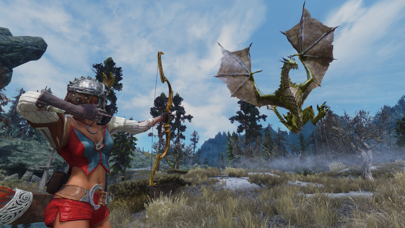 Лучница поражает дракона в игре The Elder Scrolls V Skyrim