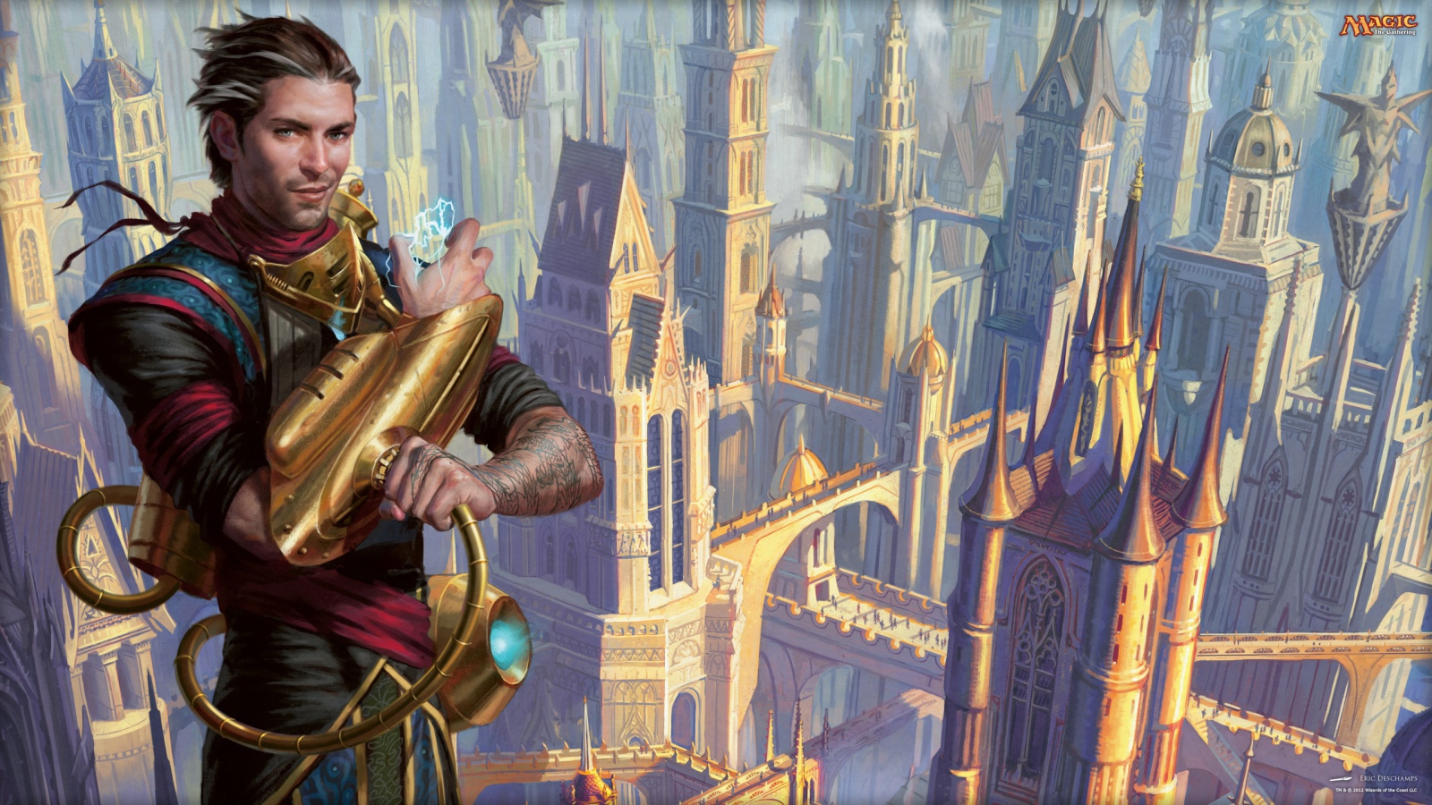 Герой игры Magic the Gathering на фоне города