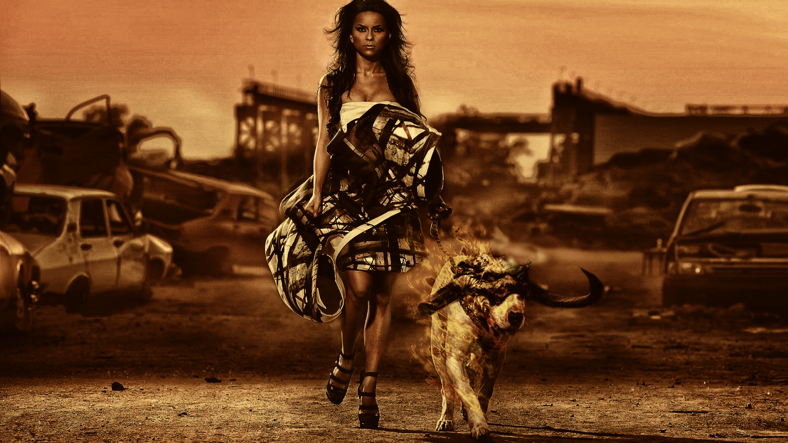 Женщина с собакой на фоне руин