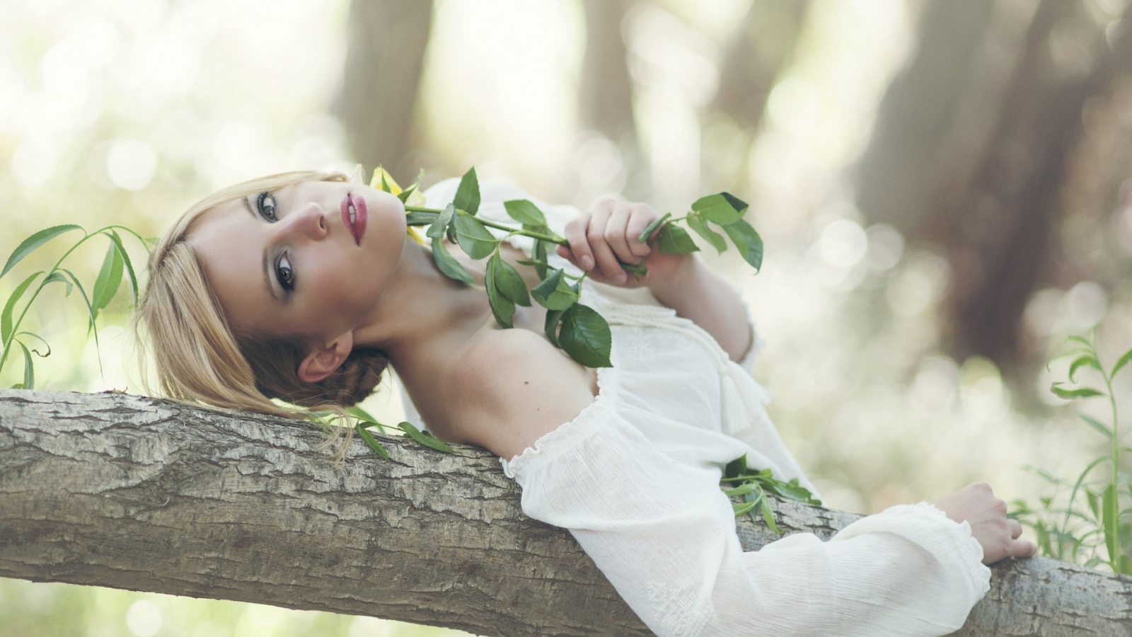 Девушка в белом платья с листвой в руках