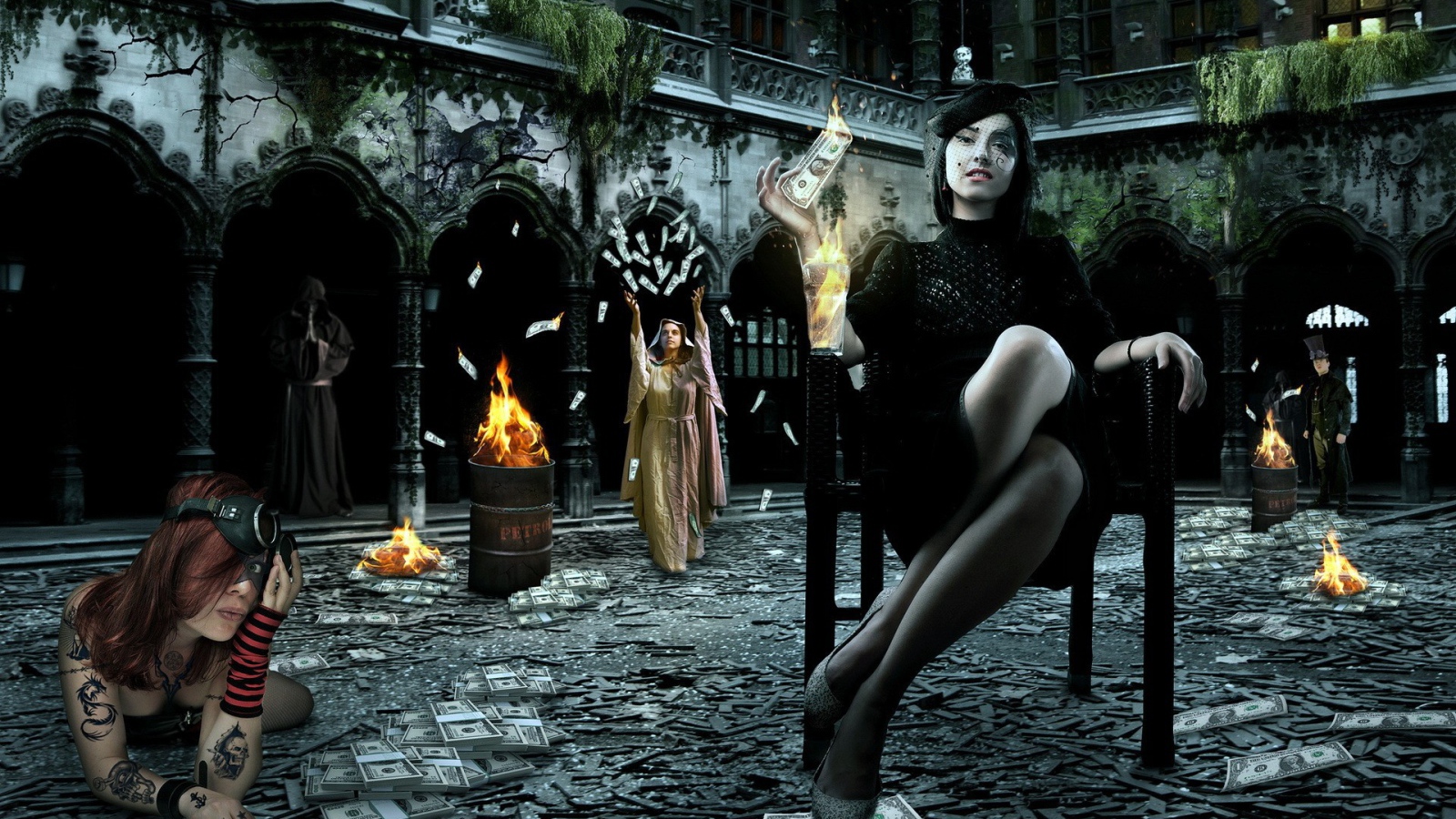 Девушки жгут доллары