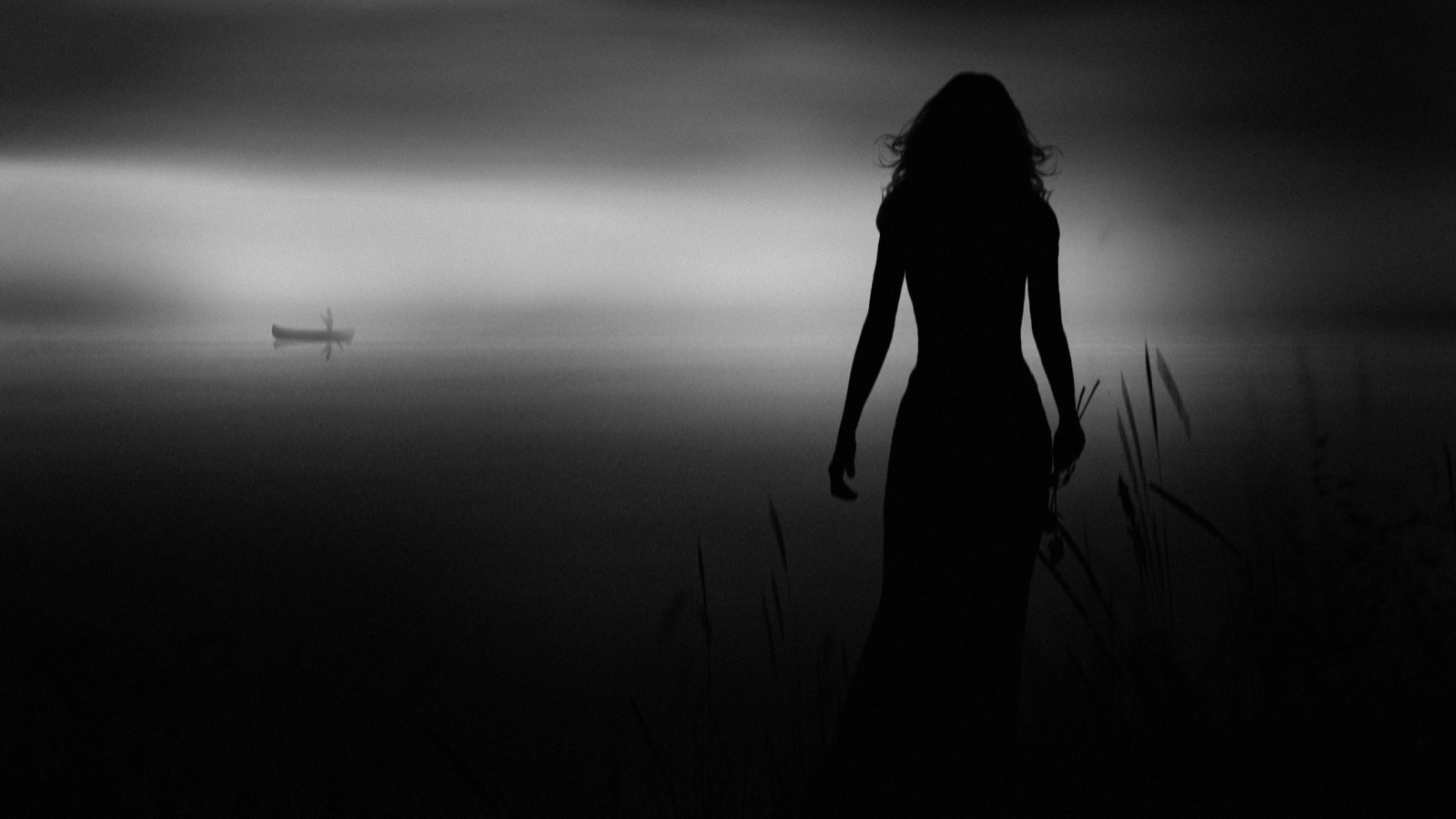 Силуэт девушки в прибрежном камыше