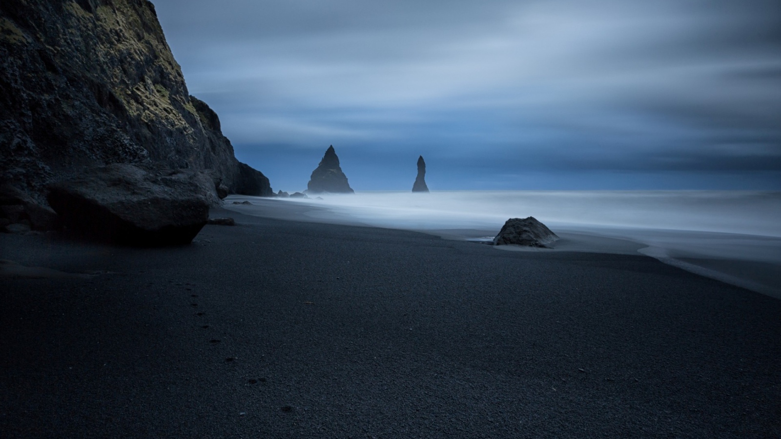Следы животного на черном песке пляжа