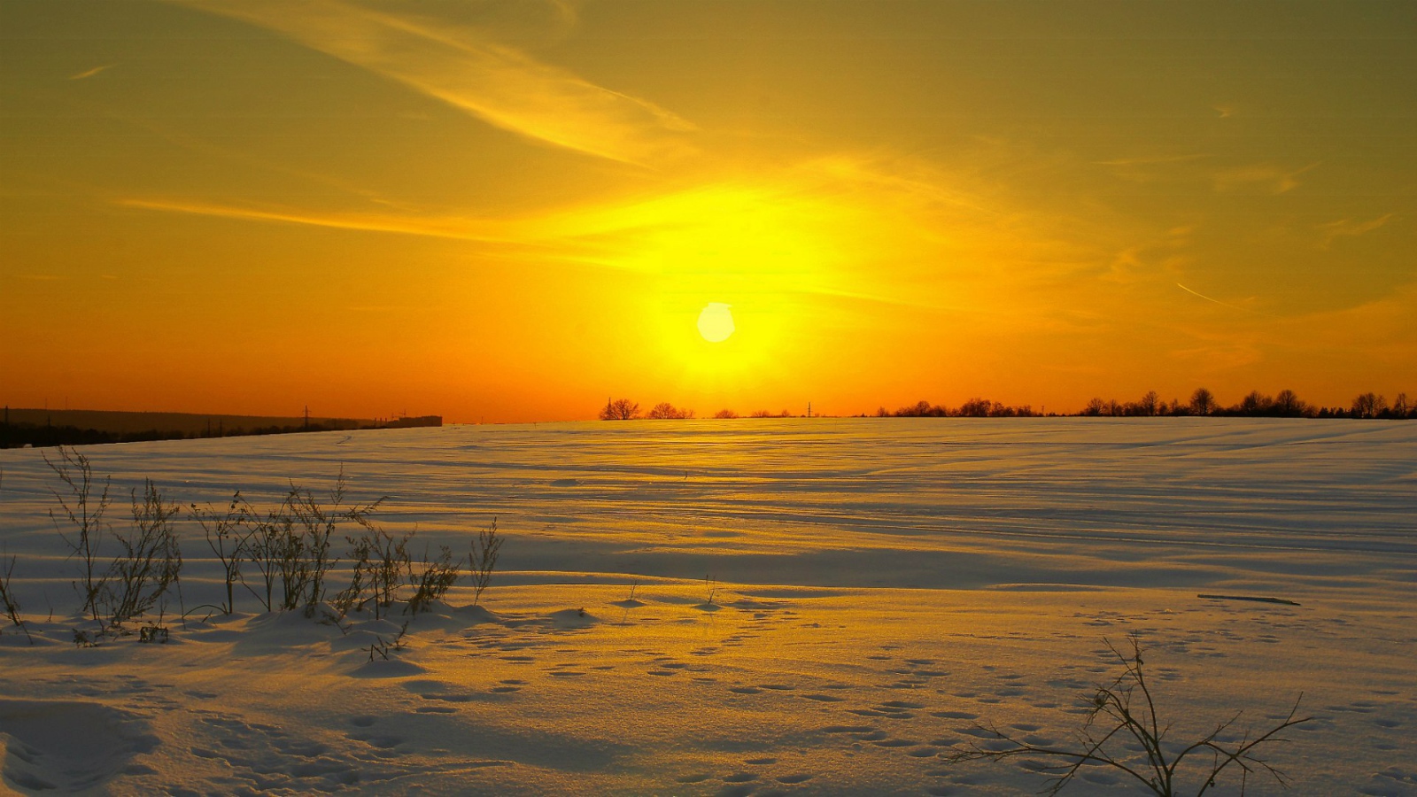 Солнце клонится к закату над заснеженным полем