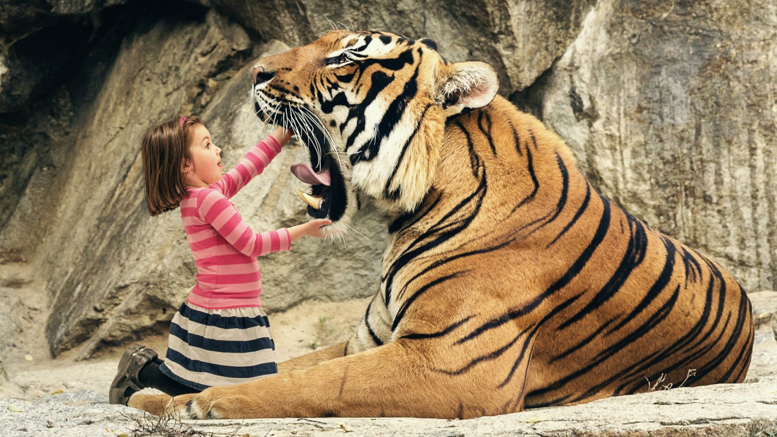 Девочка смотрит в пасть тигра