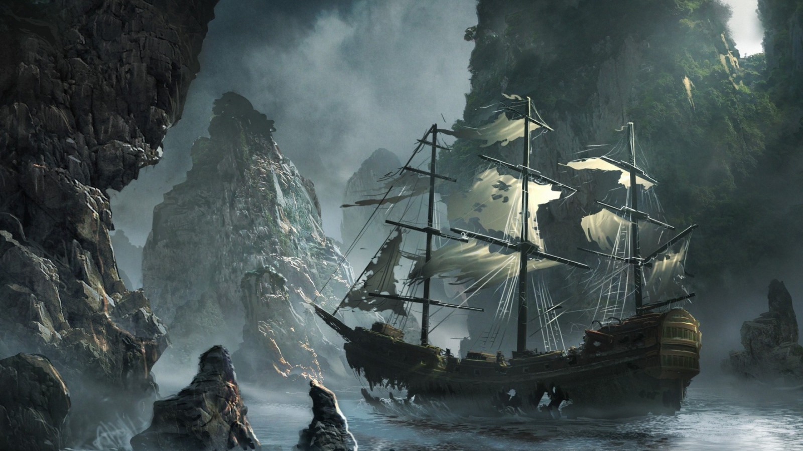 Потрепанный корабль среди скал, картина