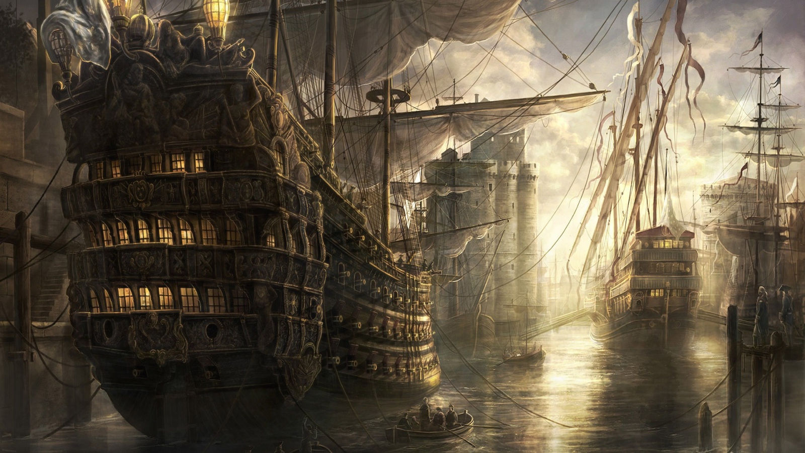 Старинные парусные корабли в порту