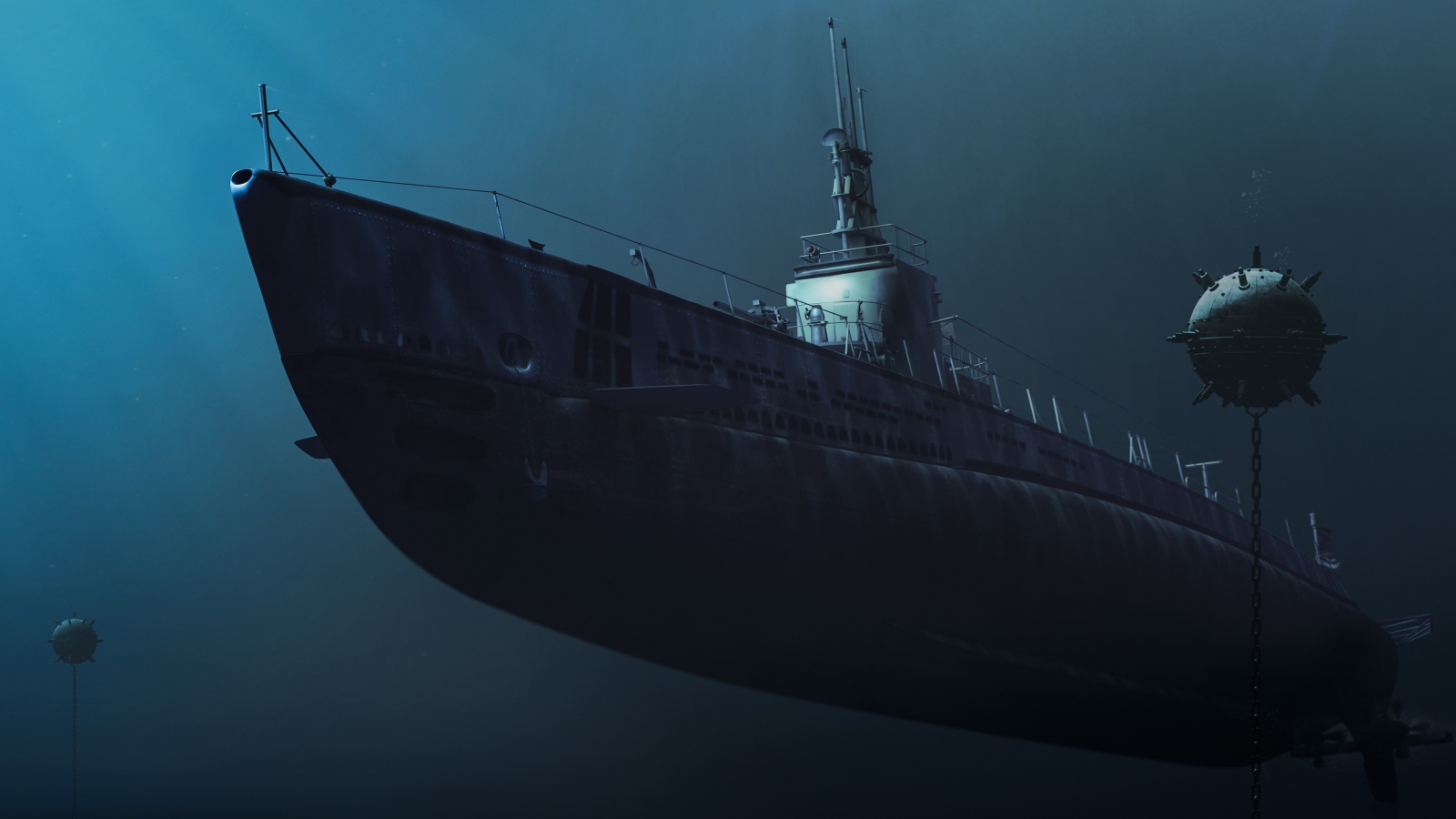 Подводная лодка среди мин
