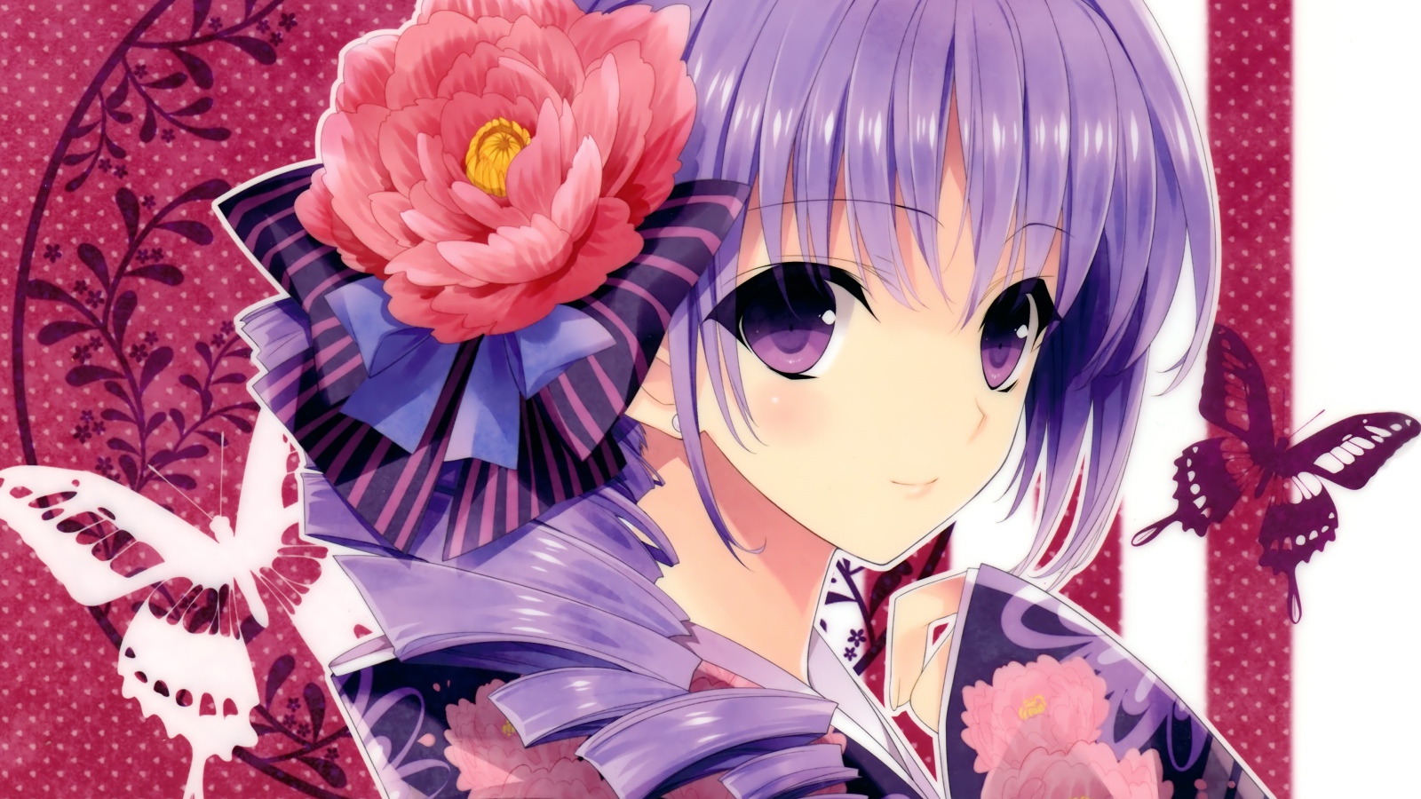 Девушка аниме в кимоно и большим красным цветком в волосах