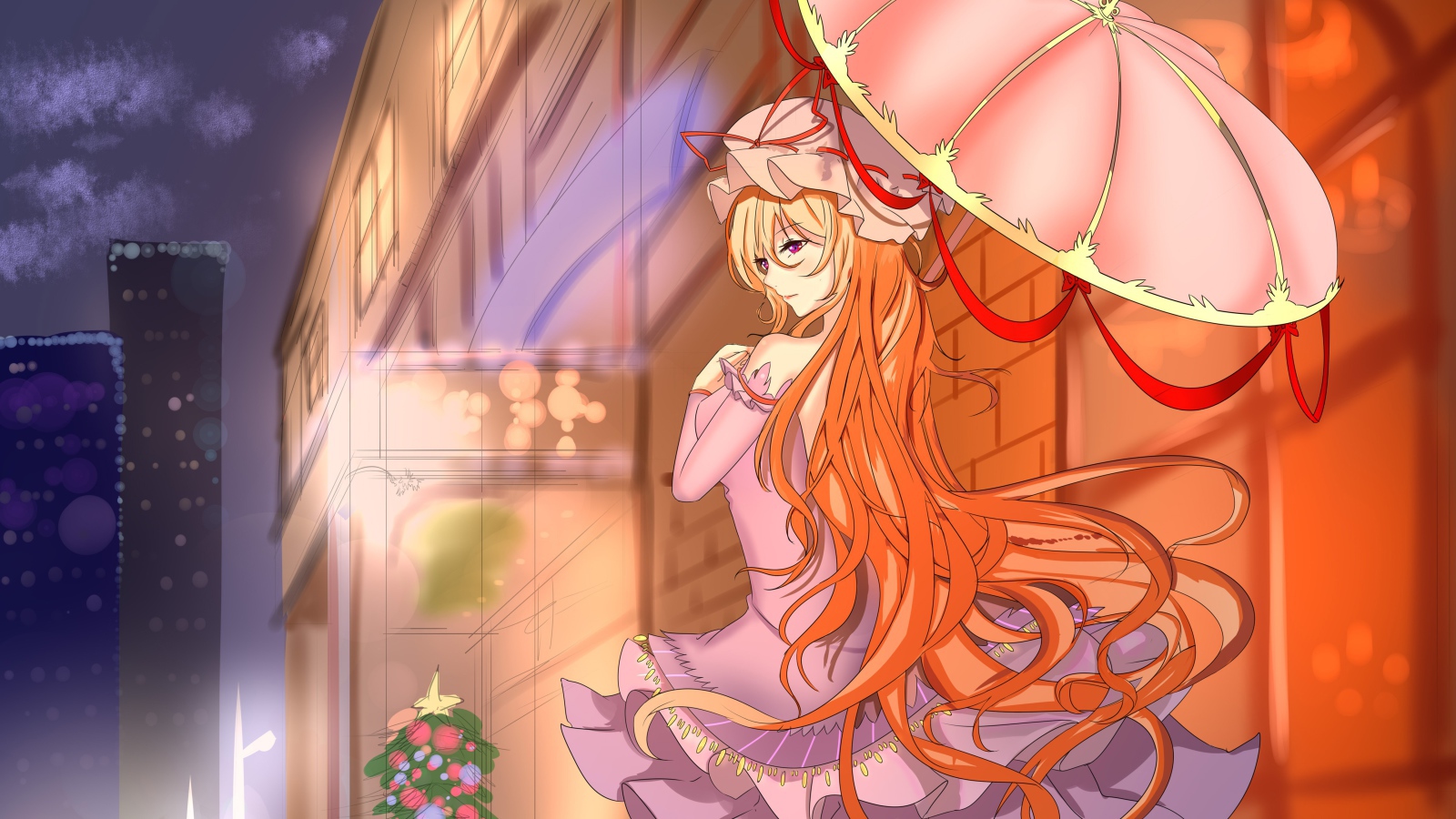 Девушка с рыжими волосами под розовым зонтом аниме 