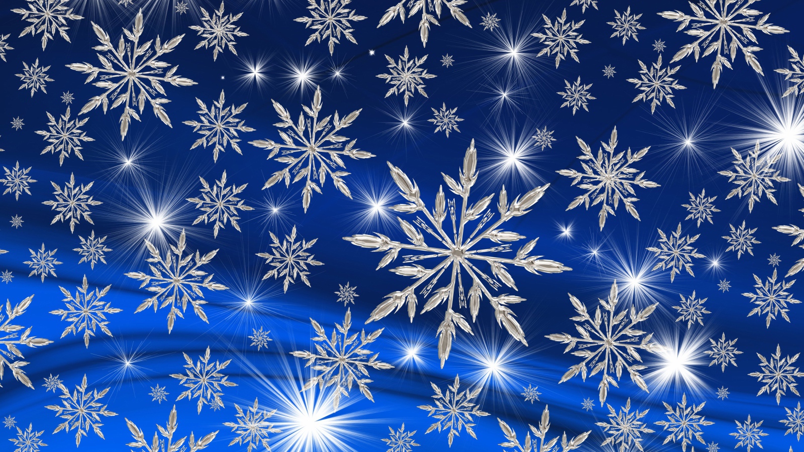 Ярки звезды и белые снежинки на голубом фоне