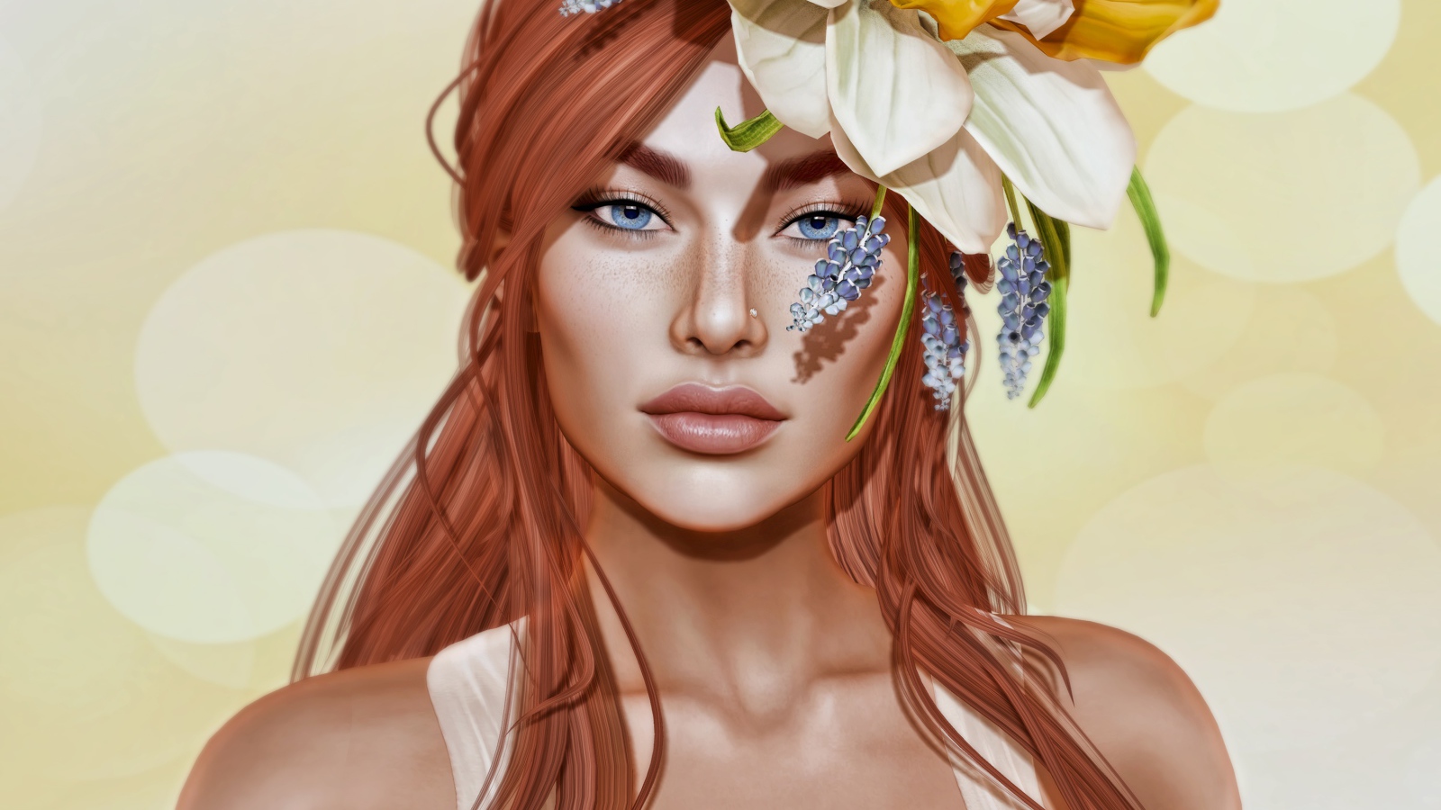 Нарисованная рыжеволосая девушка с большим цветком в волосах