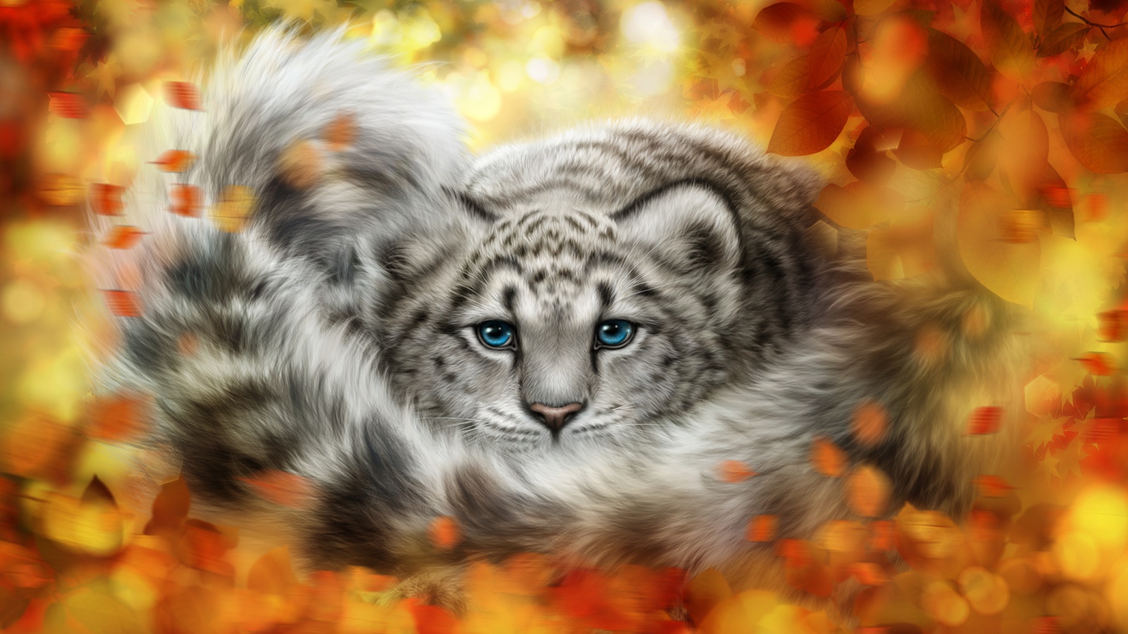 Детеныш снежного барса в желтых листьях, рисунок