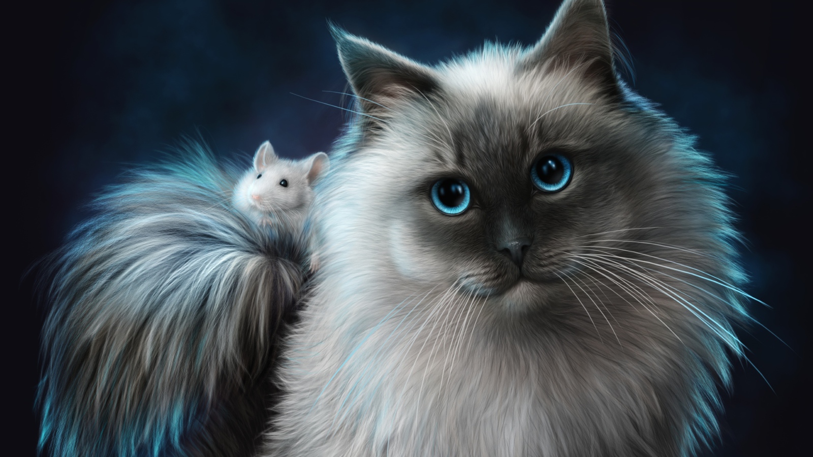 Большой пушистый фантастический кот с белым мышонком