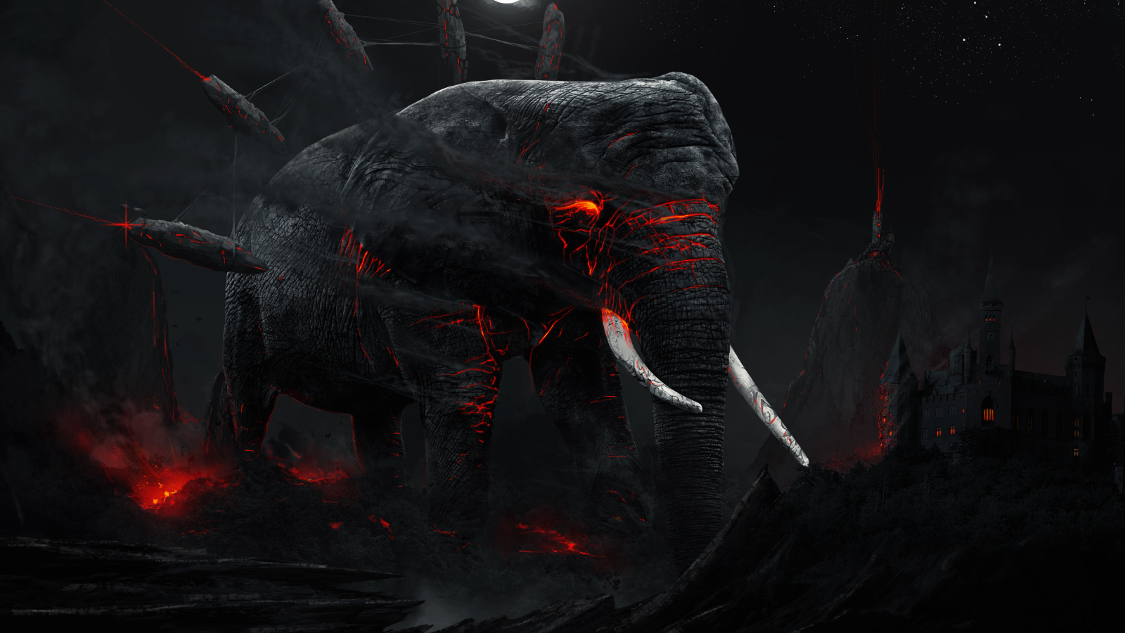 Большой черный слон с магмой внутри в разрушенном городе