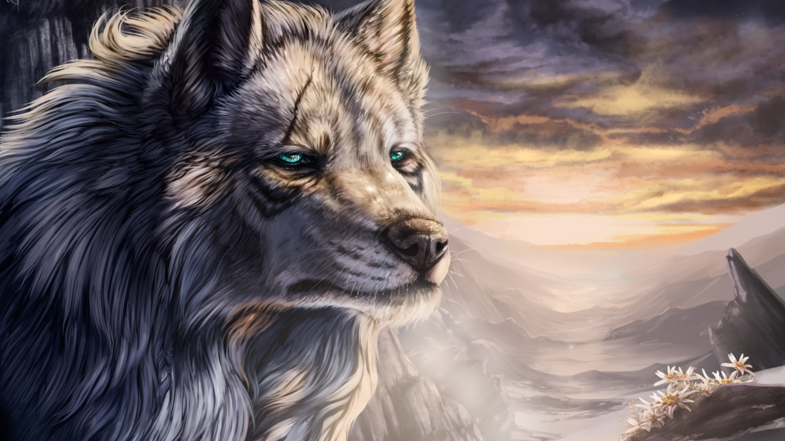 Большой фантастический волк с зелеными глазами