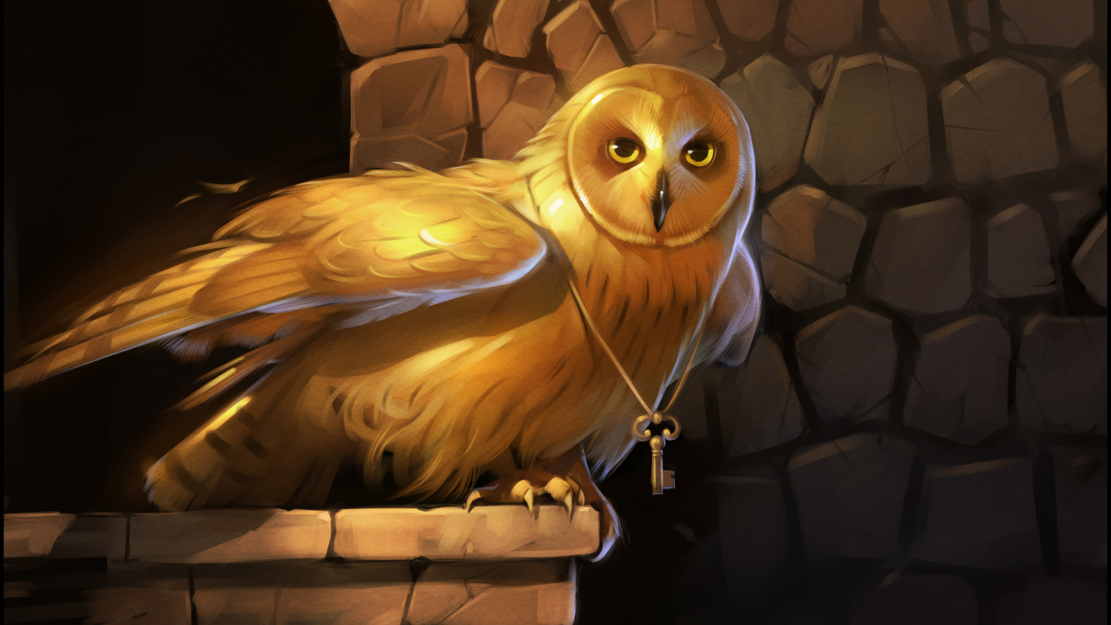 Большая сова с золотым ключом на шее на фоне стены