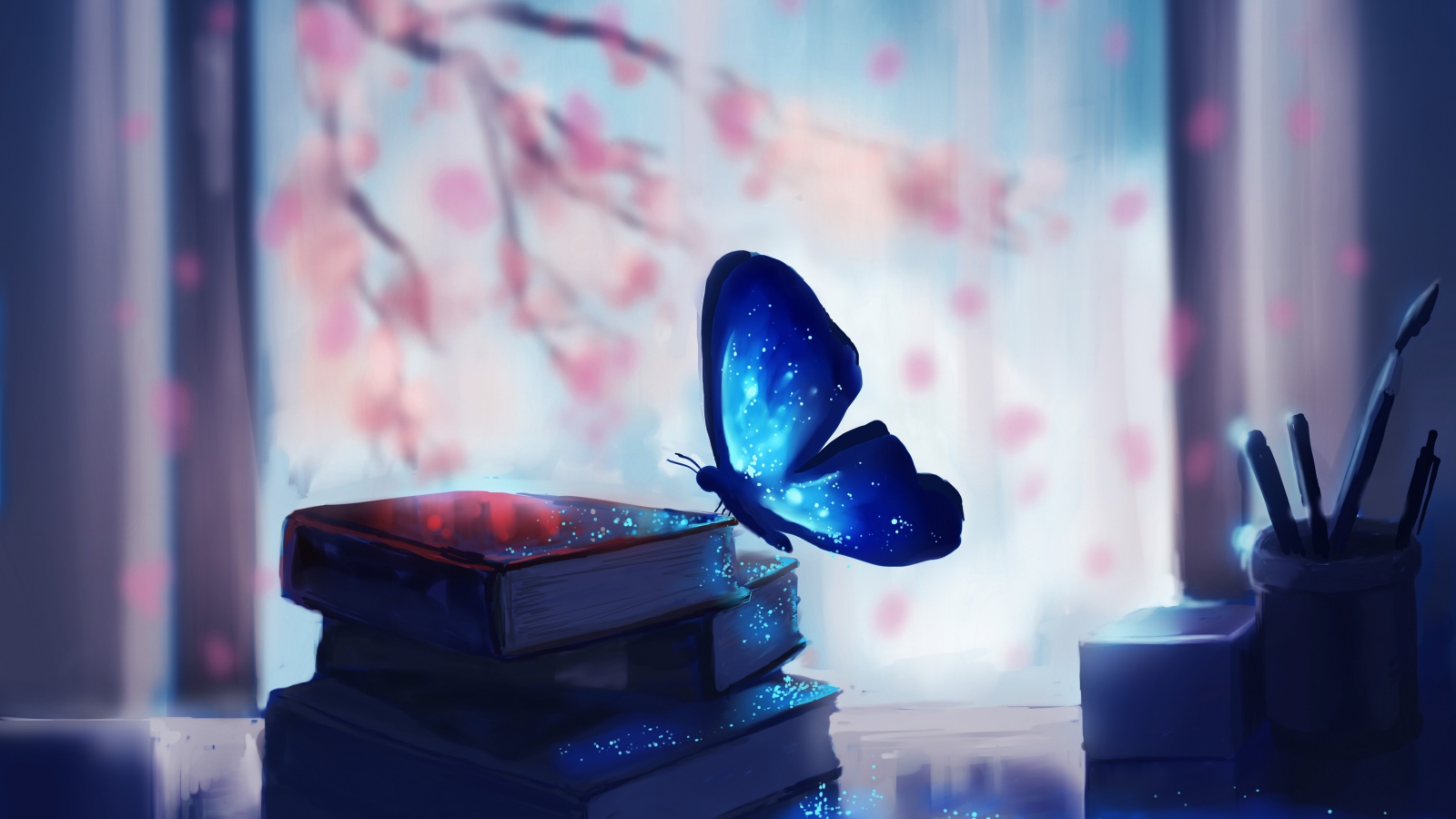 Голубая волшебная бабочка сидит на книгах