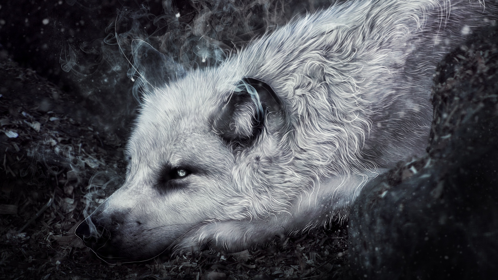 Фантастический волк лежит на земле