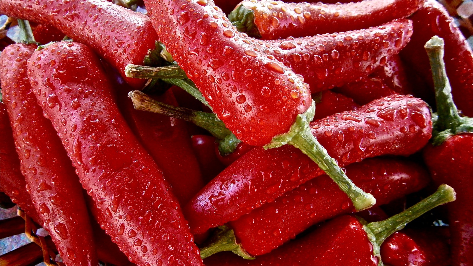 Красный перец чили в каплях воды крупным планом