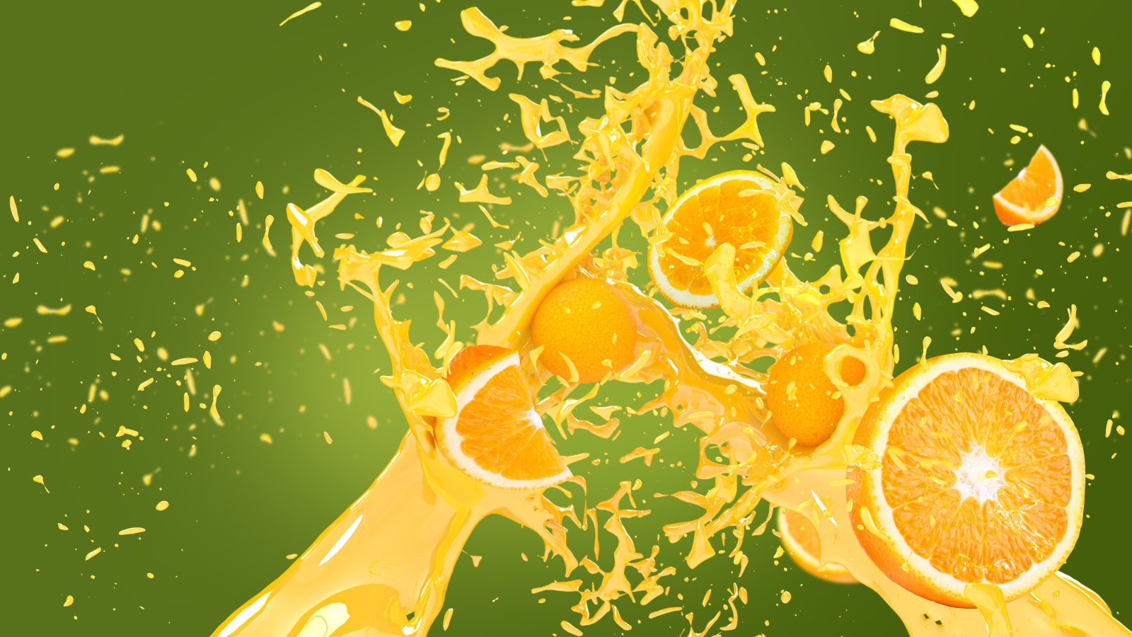Кусочки апельсина в брызгах сока на зеленом фоне