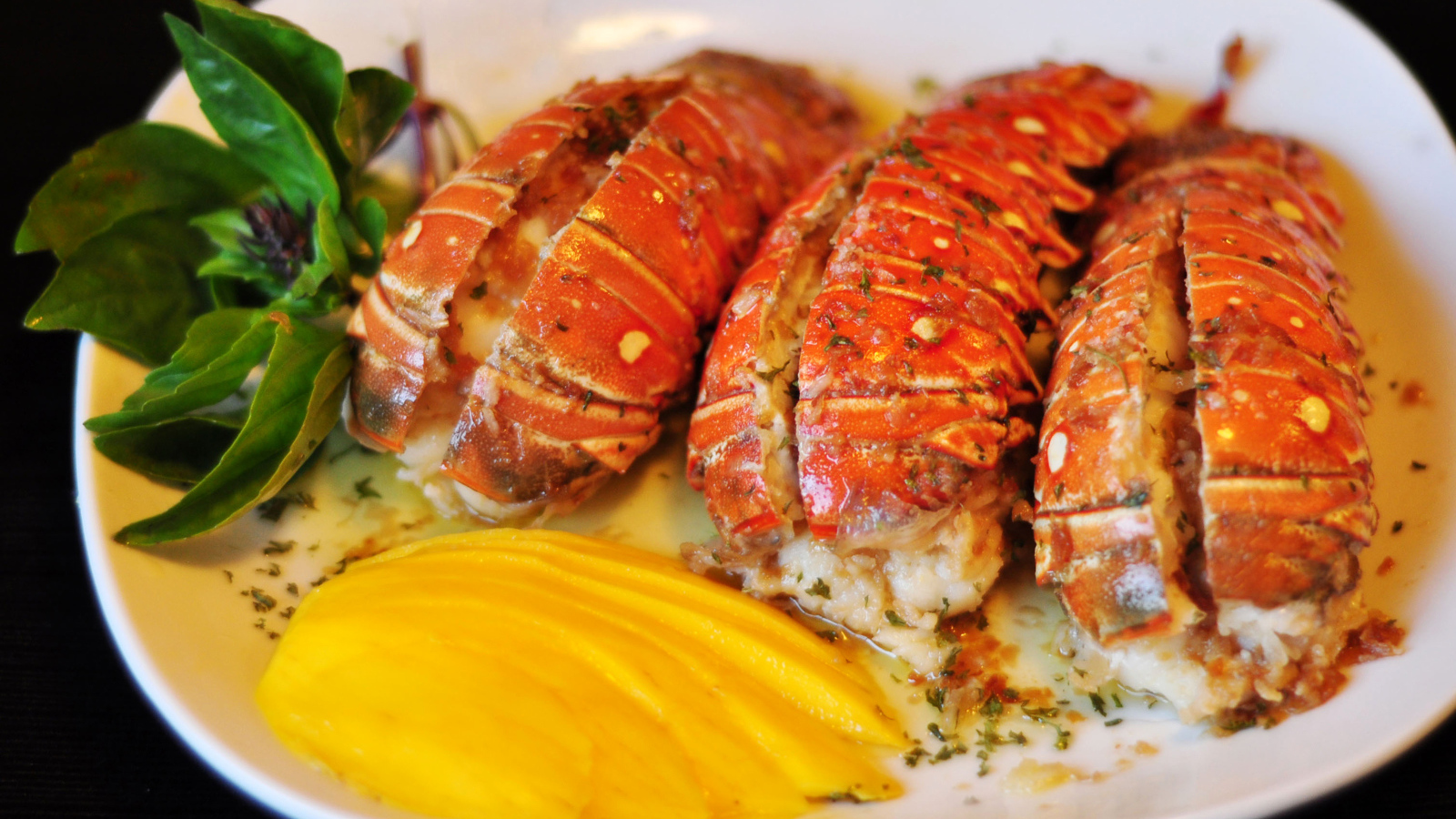 Омар с овощами на белой тарелке 