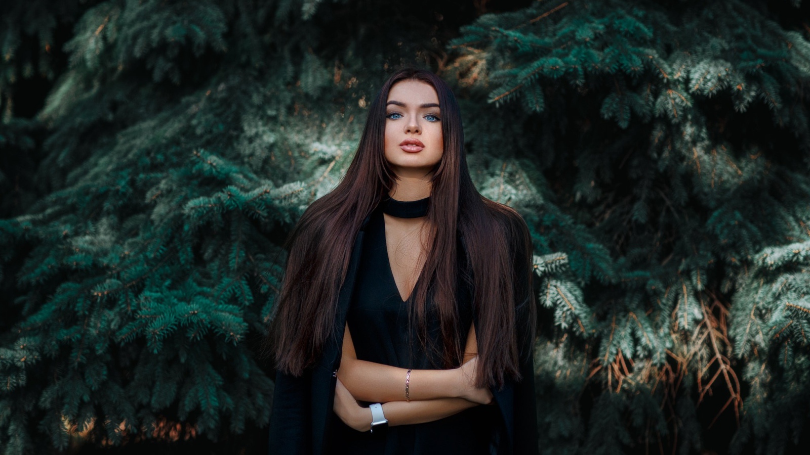 Голубоглазая девушка брюнетка у большой зеленой ели 