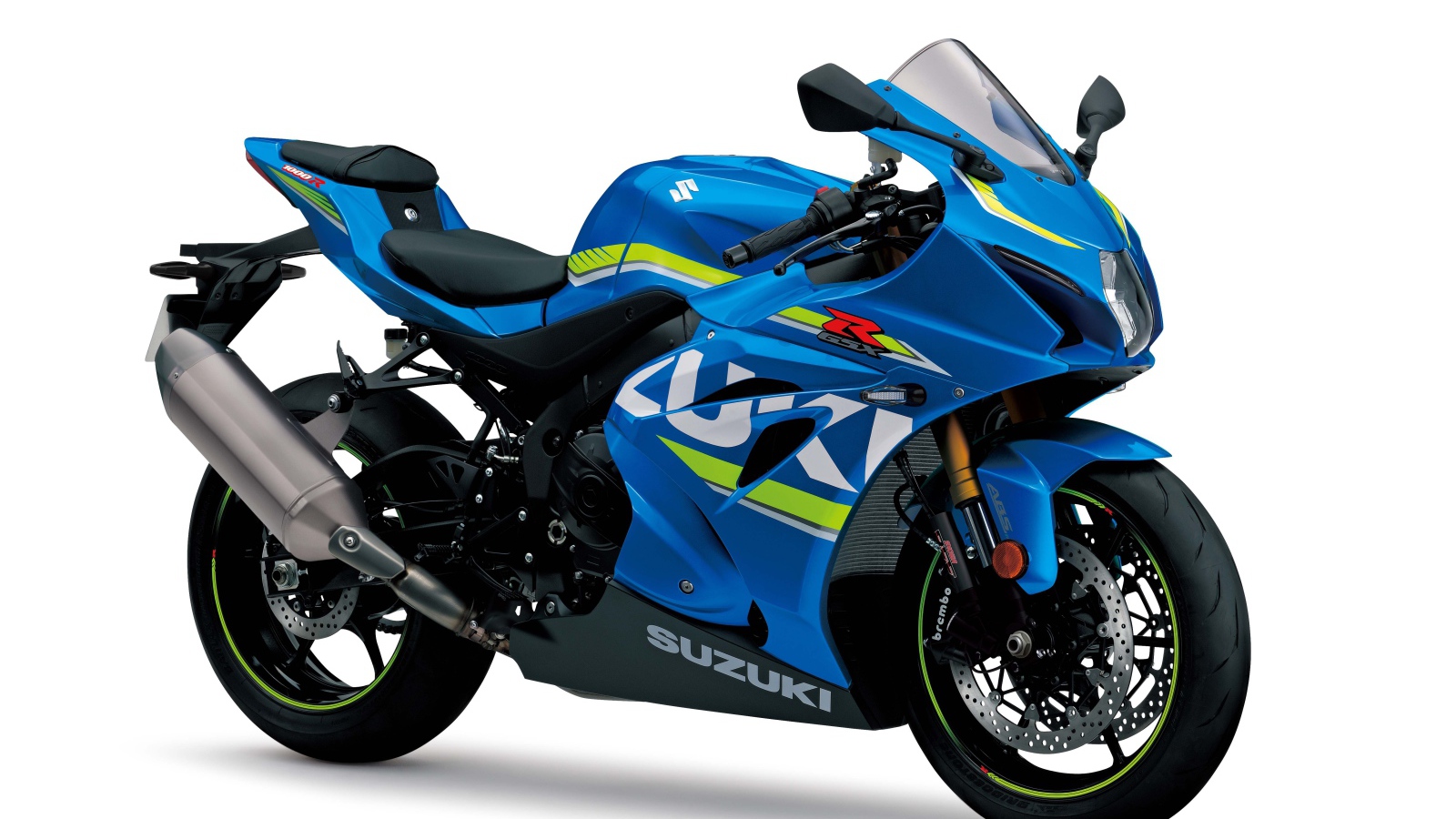 Синий мотоцикл Suzuki GSX-R1000, 2017 на белом фоне