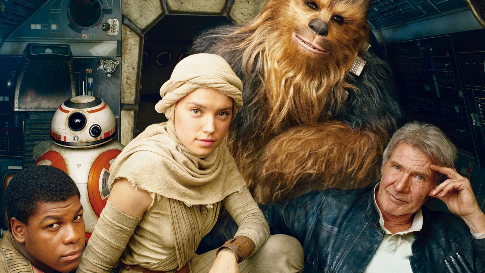 BB-8, Чубакка, Хан Соло, Рей, Финн персонажи фильма Звёздные войны. Эпизод VII Пробуждение Силы 