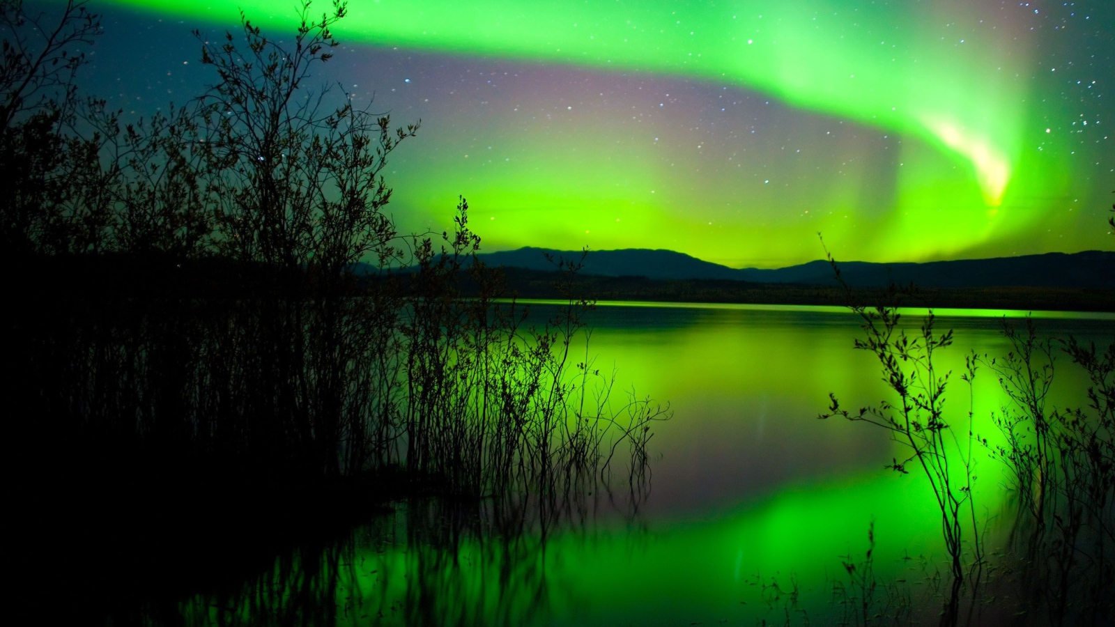 Зеленое северное сияние отражается в воде пруда
