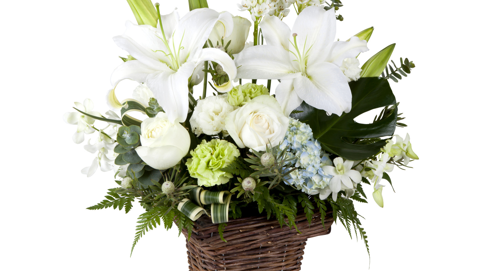 Цветы розы, гвоздики, лилии, хризантемы в корзинке на белом фоне