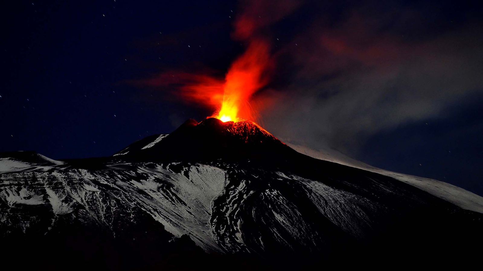 Действующий вулкан Этна ночью 