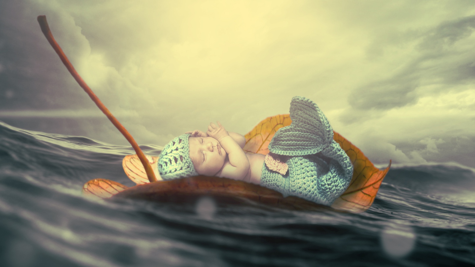 Маленький грудной ребенок в костюме русалки плывет на листе в океане