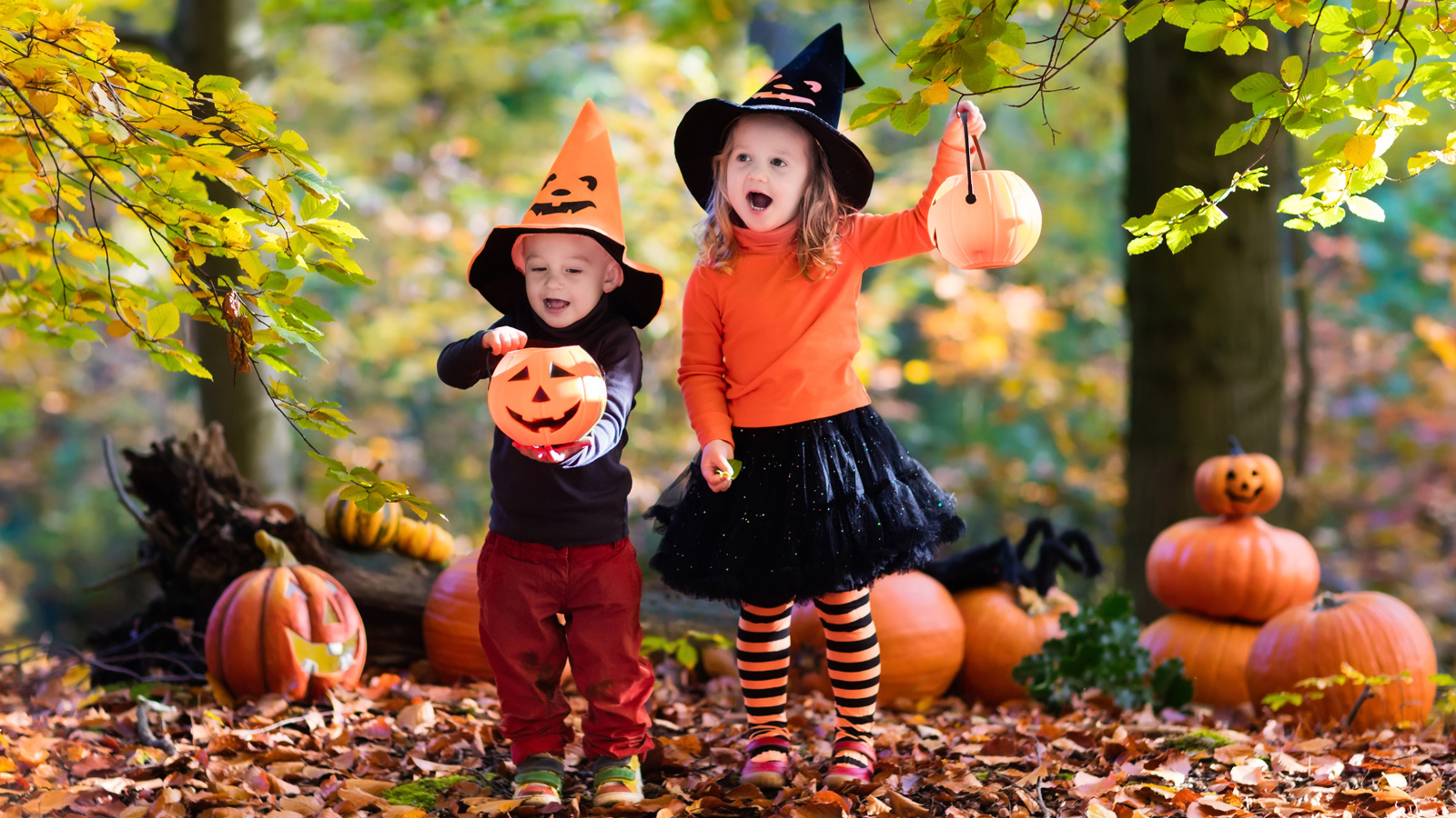 Маленькие мальчик и девочка в костюмах с тыквами на Хэллоуин