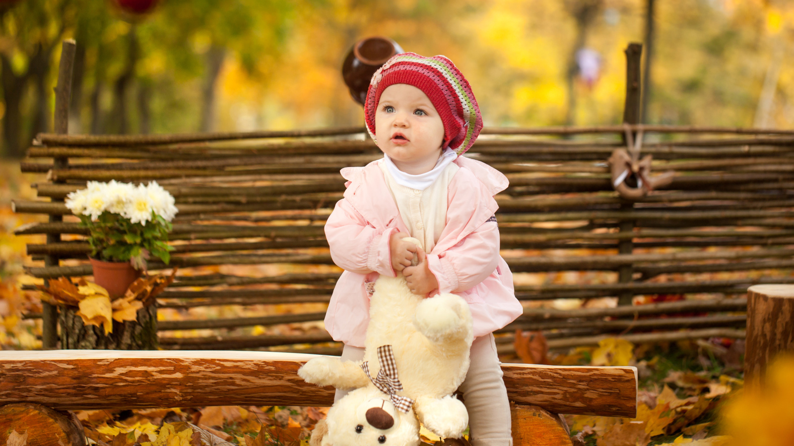 Маленькая девочка с плюшевым мишкой сидит на деревянной лавке осенью
