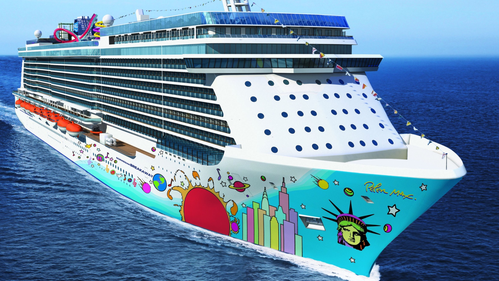 Большое круизное судно Norwegian Breakaway  в воде