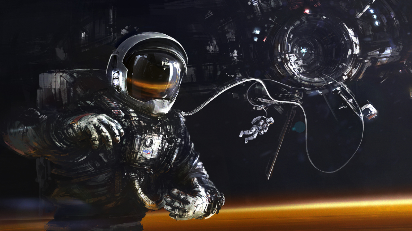 Астронавт и космический корабль над поверхностью Марса