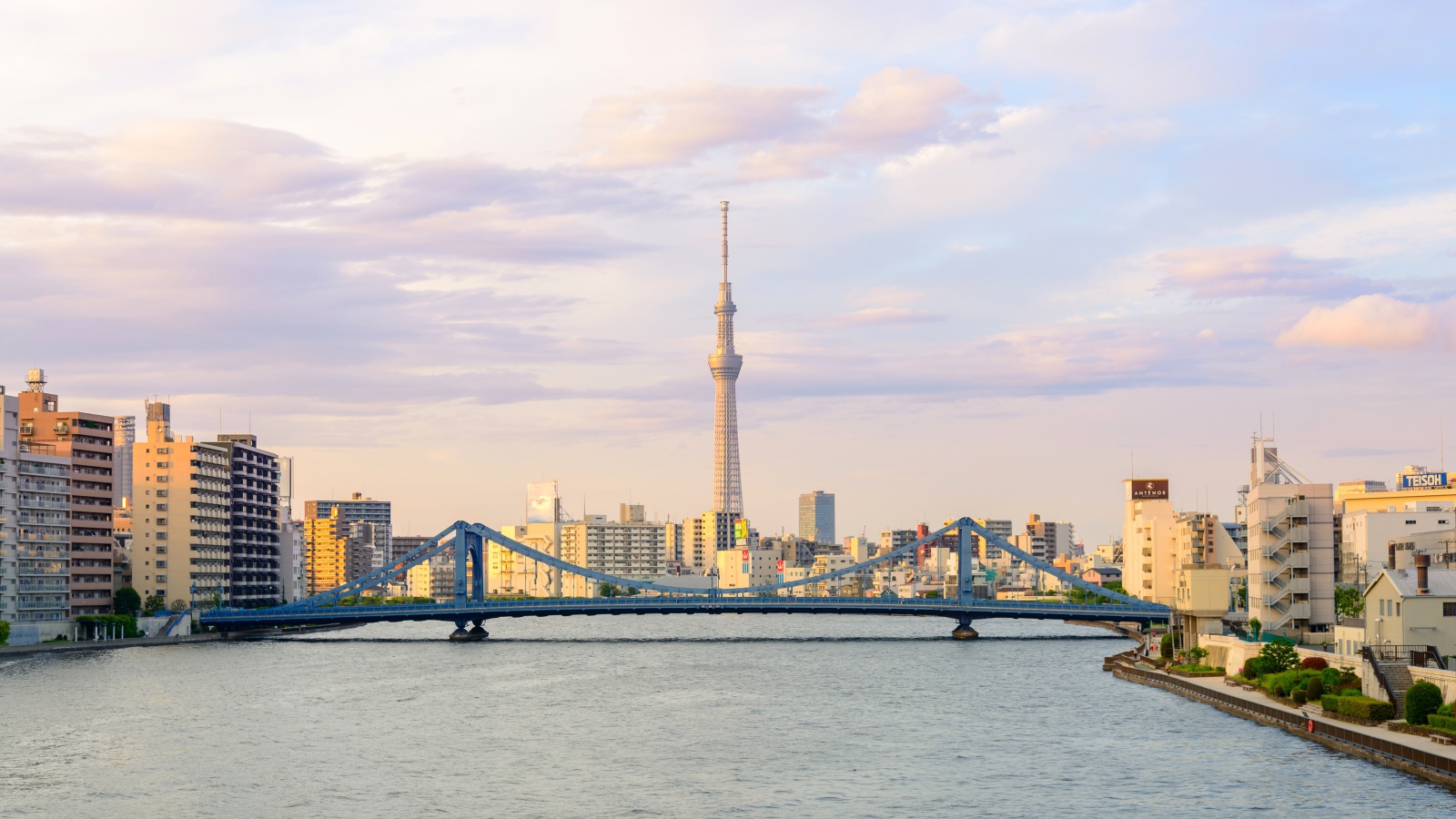 Панорама города Токио на фоне реки, Япония