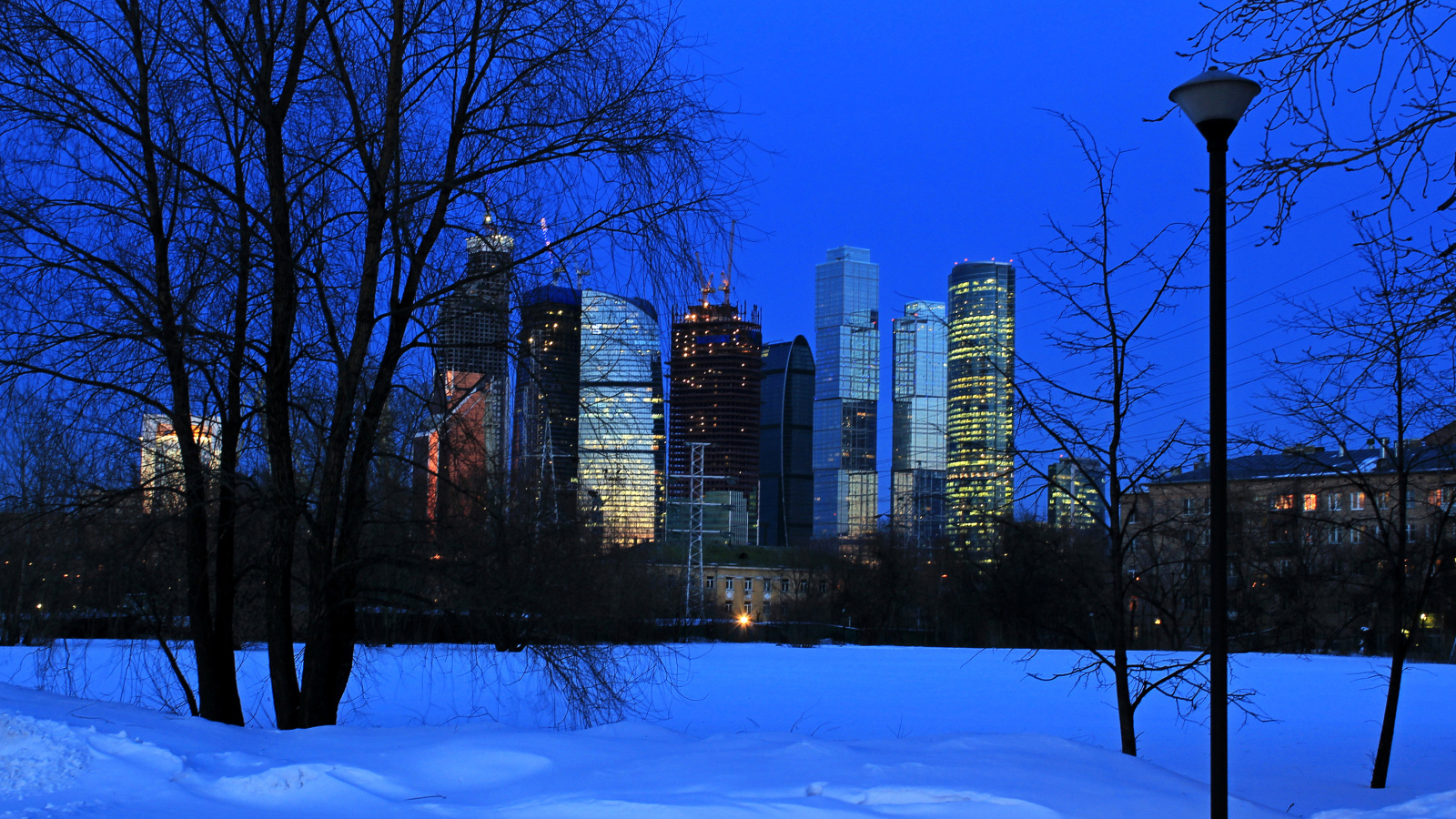 Вид на московские небоскребы из зимнего парка, Россия