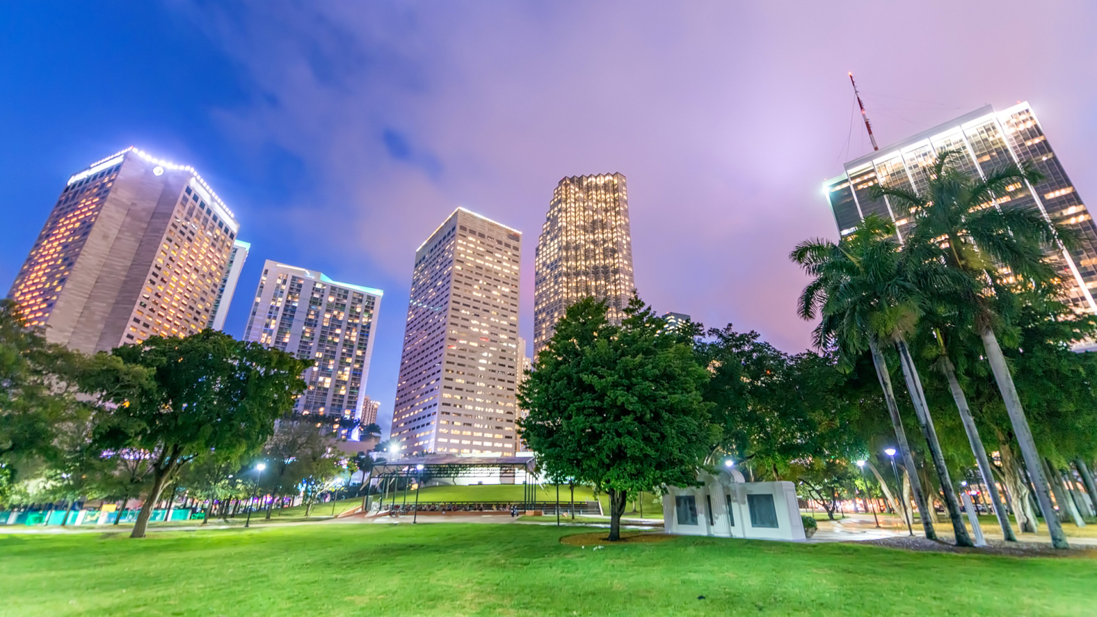 Вид на ночные небоскребы города Майами из городского парка, Флорида. США