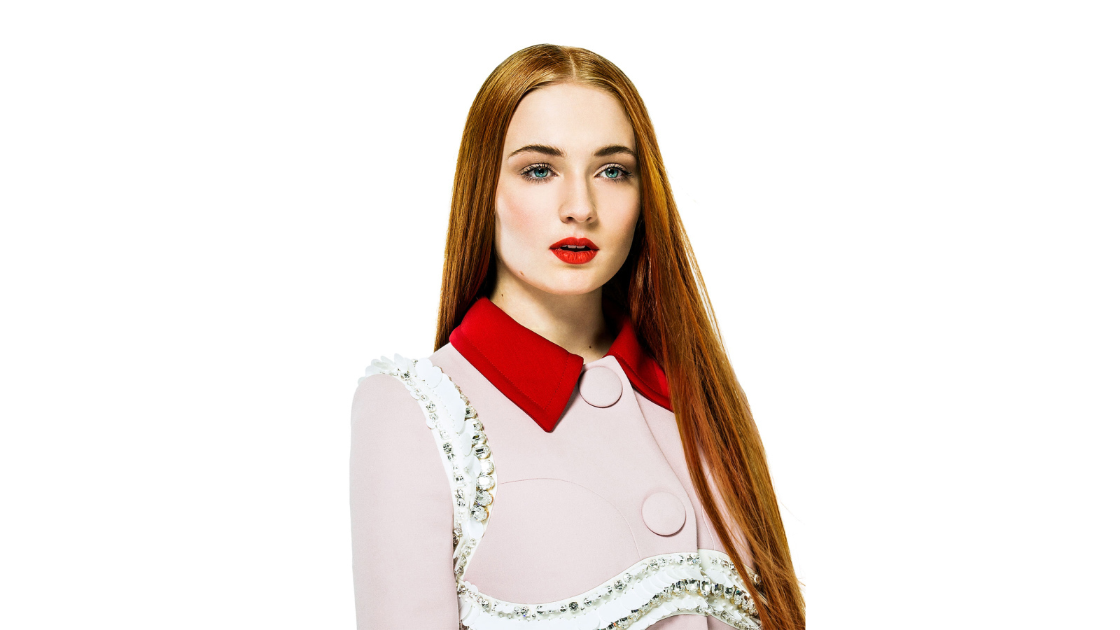 Красивая рыжеволосая актриса Софи Тёрнер фото на белом фоне