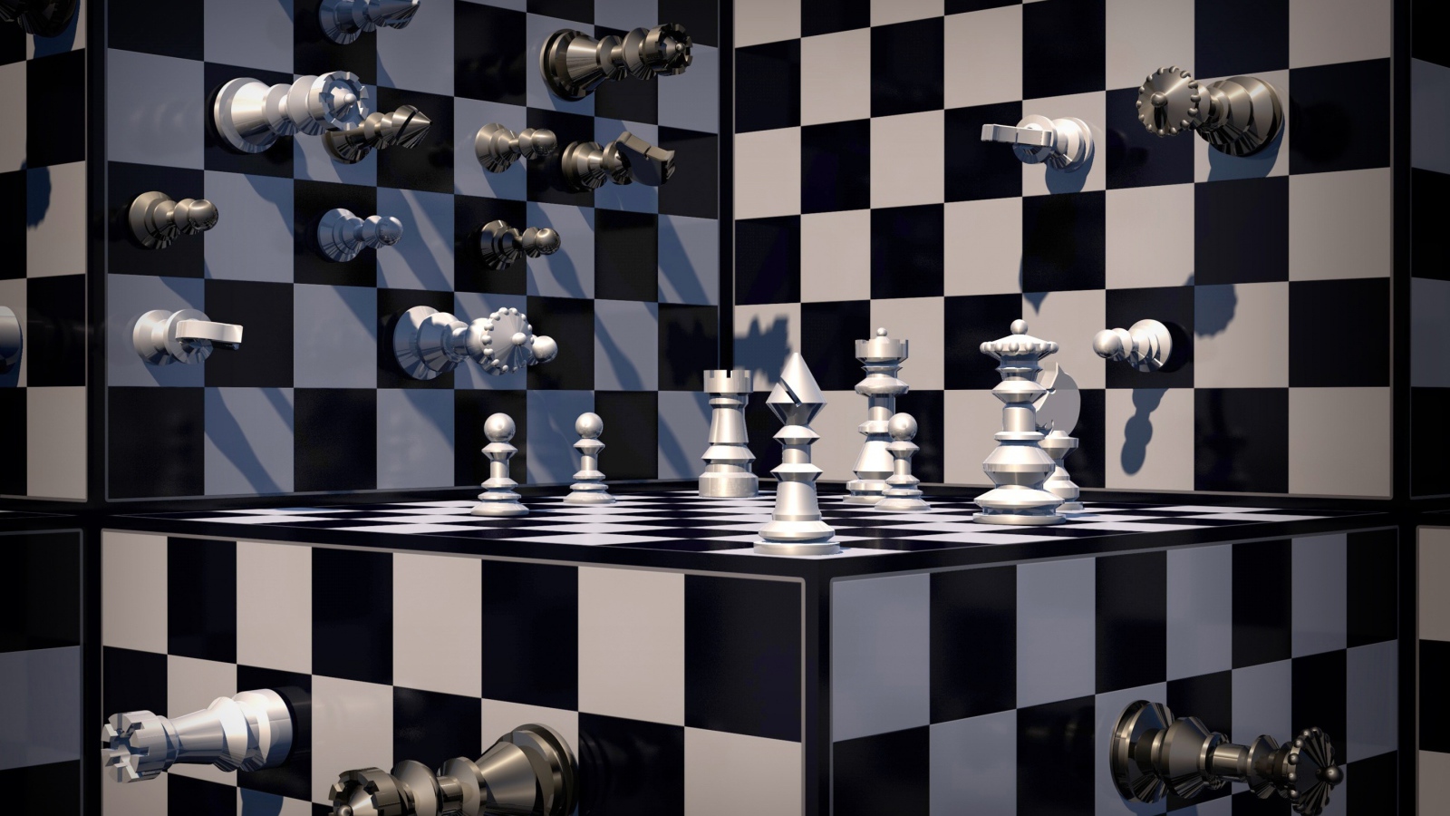 Шахматы на черно-белой шахматной доске 3д графика