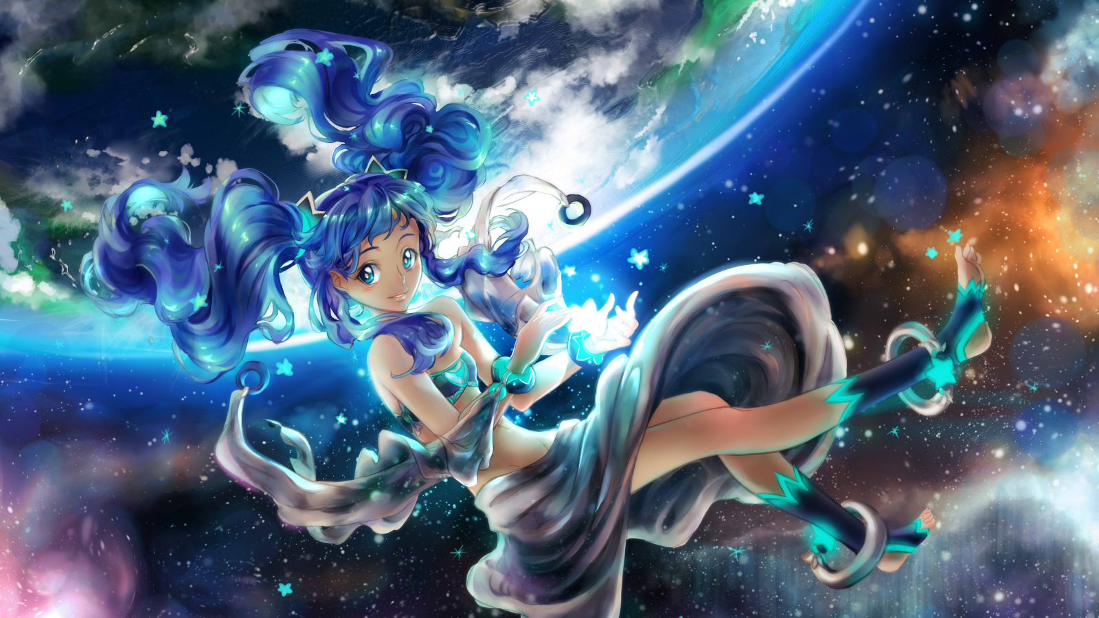 Девушка аниме с синими волосами парит в воздухе
