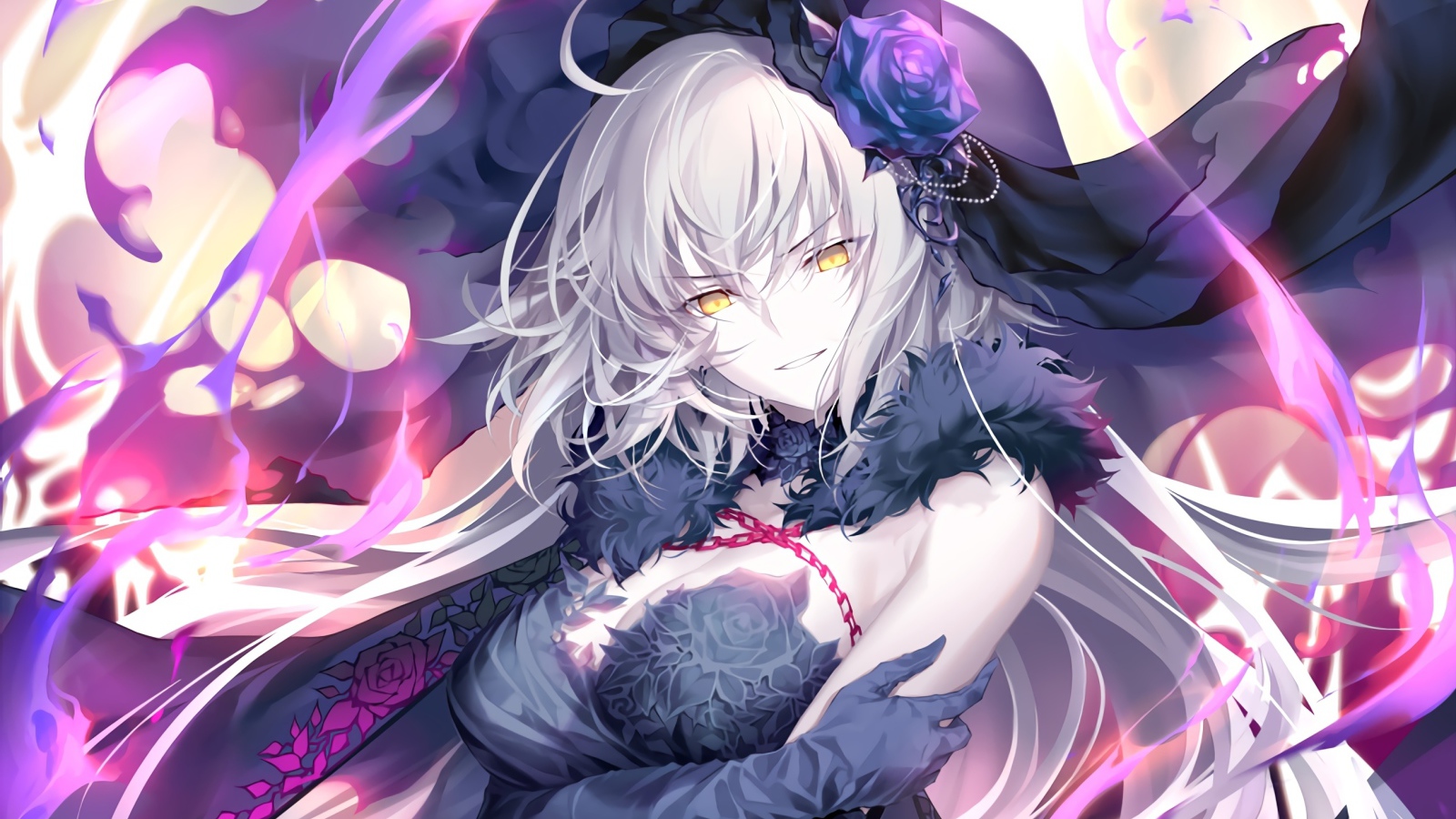 Девушка аниме с желтыми глазами в черной фате