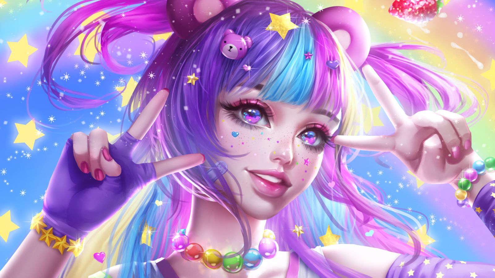 Яркая девушка аниме с фиолетовыми волосами